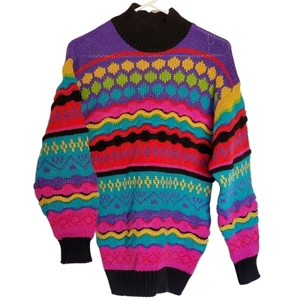 I.V.Y Vintage Knit Sweater Bold Colorful Pink Purple Teal Size S 80s